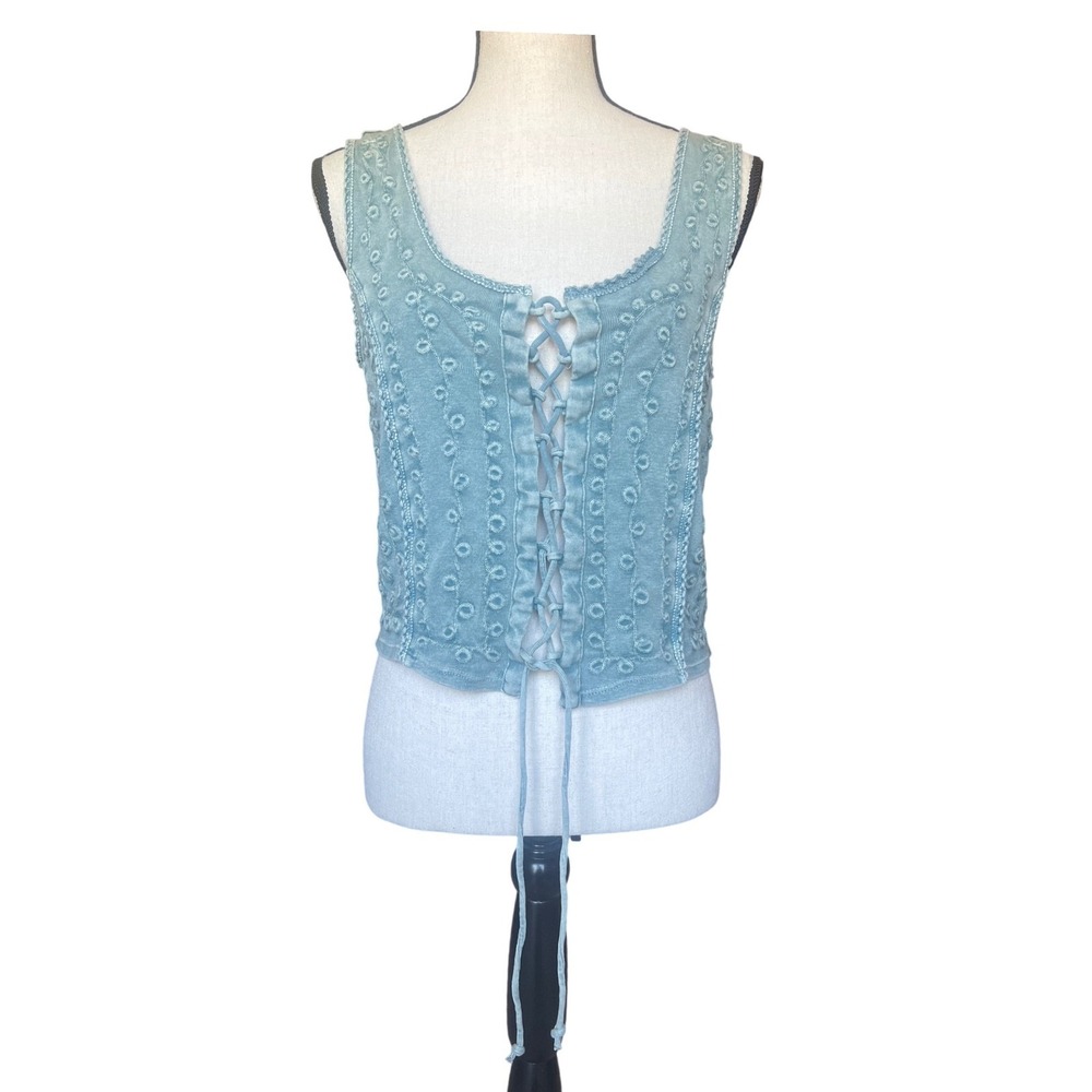 Sterling & Stitch Blue Embroidered Lace-Up Tank Top Women's Sleeveless Large